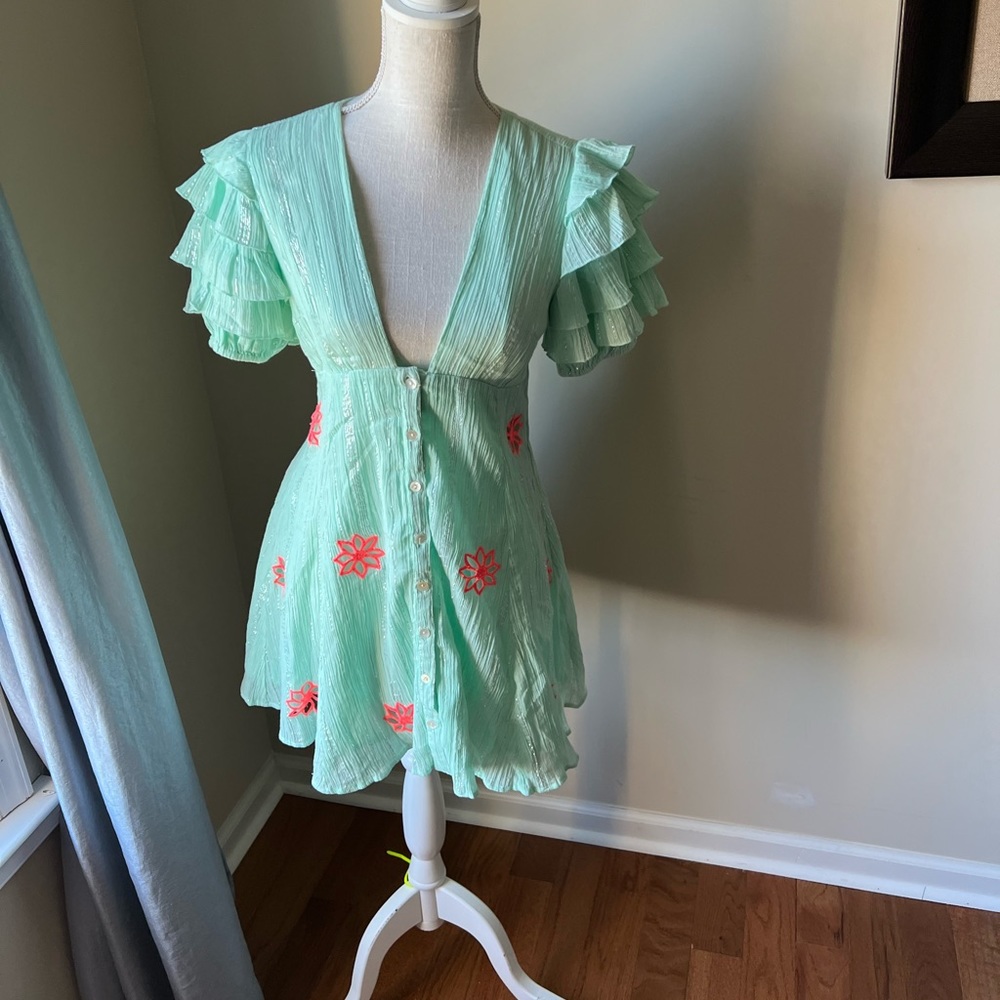 NWT SUNDRESS Cora Plunge Mini Dress, Summer Teal & Coral, Ruffled Sleeves, Small